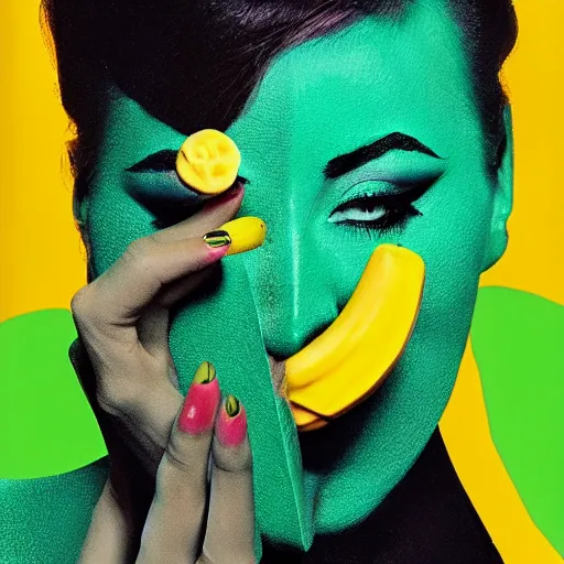 Image similar to a woman with green and yellow makeup holding bananas, a pop art painting by bert stern, trending on behance, pop art, pop art, surrealist, photoillustration