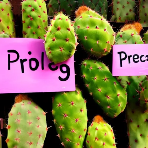 Prompt: prickly pears with a sign that say'cactus'