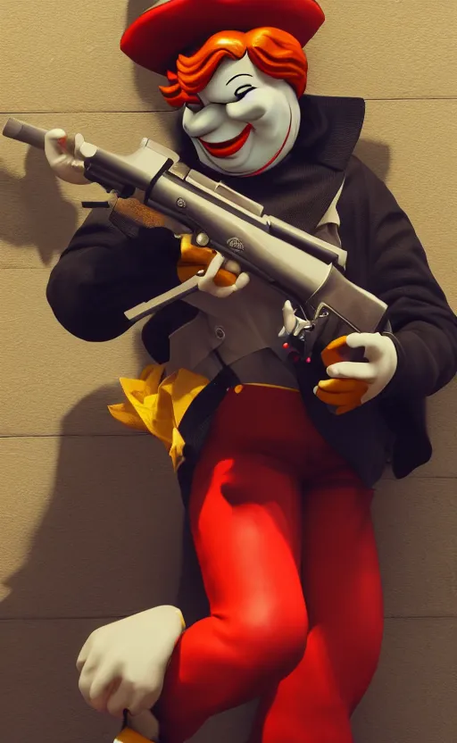 Prompt: ronald mcdonald robbing a bank holding a gun. he has taken hostages. high quality. unreal engine, embers flying, hyper realism, realistic shading, cinematic composition, blender render, octane render, ultrawide shot, photorealistic. hq. hd. 4 k. award winning. trending on artstation