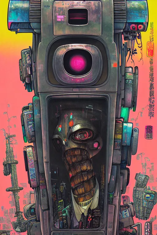 Image similar to full view, from a distance, of anthropomorphic trashcan from the movie blade runner, style of yoshii chie and hikari shimoda and martine johanna, highly detailed