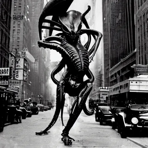 Image similar to old black and white photo, 1 9 1 3, depicting a xenomorph from the movie aliens rampaging through the bustling streets of new york city, historical record