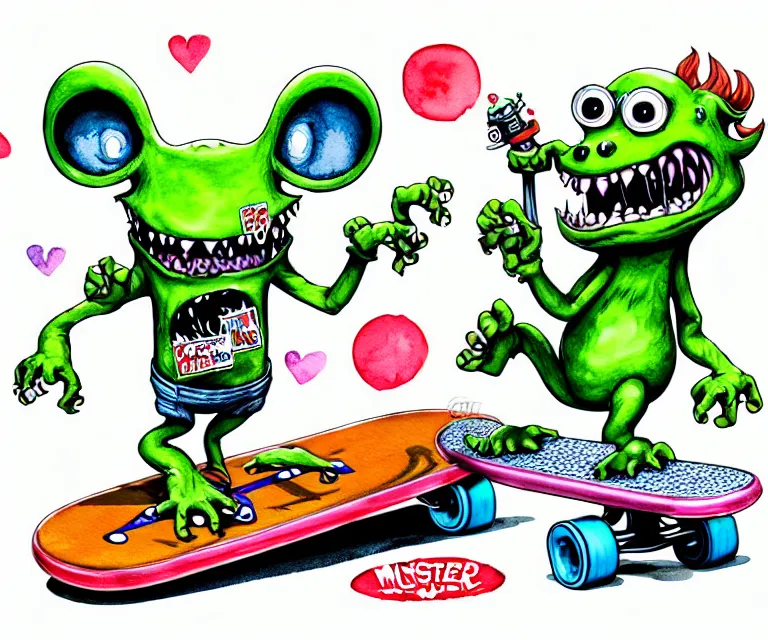 Prompt: cute and funny, monster on a skateboard, ratfink style by ed roth, centered award winning watercolor pen illustration, isometric illustration by chihiro iwasaki, edited by range murata, tiny details by artgerm and watercolor girl, symmetrically isometrically centered