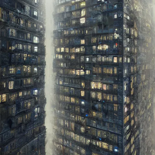 Image similar to very very detailed building made from complex robot parts, beautiful dynamic lighting, cinematic, wide angle establishing shot, extremely high detail, photo realistic, cinematic lighting, post processed, concept art, artstation, matte painting, style by lebbeus woods, john berkey, volumetric lighting, light rays, photorealistic, ultrarealistic, moody, coronarender, 8k