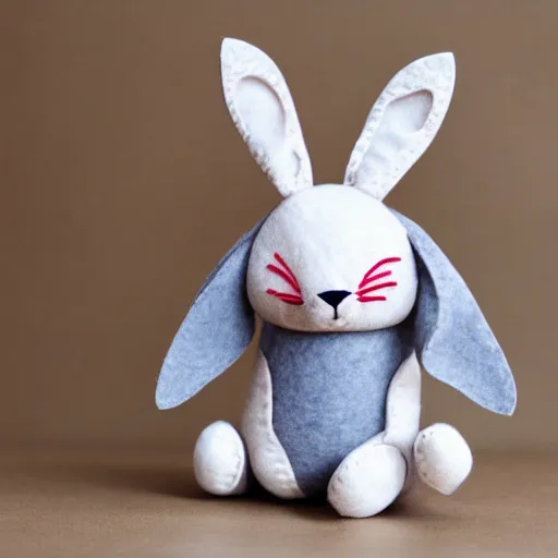 Image similar to a cute elegant felt plush doll of a rabbit wearing overalls