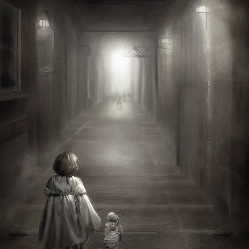 Image similar to Tall scary woman dressed in white dress grabbing a scared child wearing from behind in a dark alley, scary atmosphere,gloomy lighting, digital art , highly detailed , high contrast, beautiful lighting, award winning , trending on art station, 8k, photo realistic