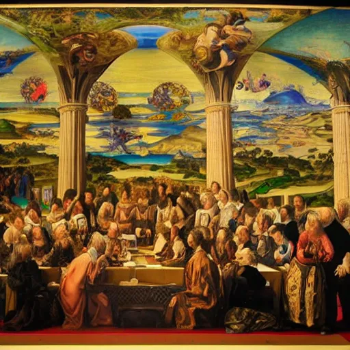 Prompt: a psychedelic conference of scientists / professors / researchers in a renaissance painting