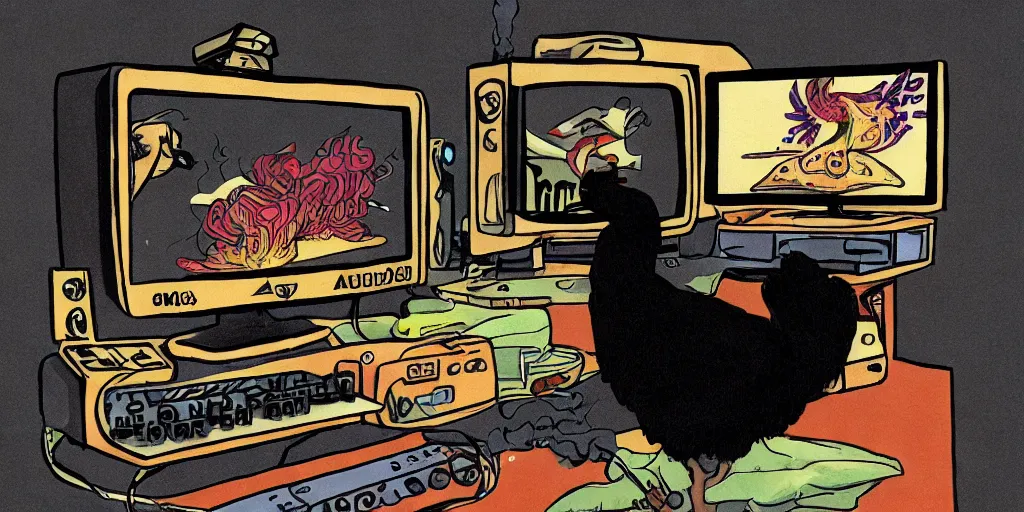 Image similar to 'black chicken'!!! smoking 'cannabis'!!!!!! in front of 'audio console'!!!! and 'multi monitors'!!!! 'in a hi-tech tv broadcasting studio'!!!!, artwork by James Gilleard