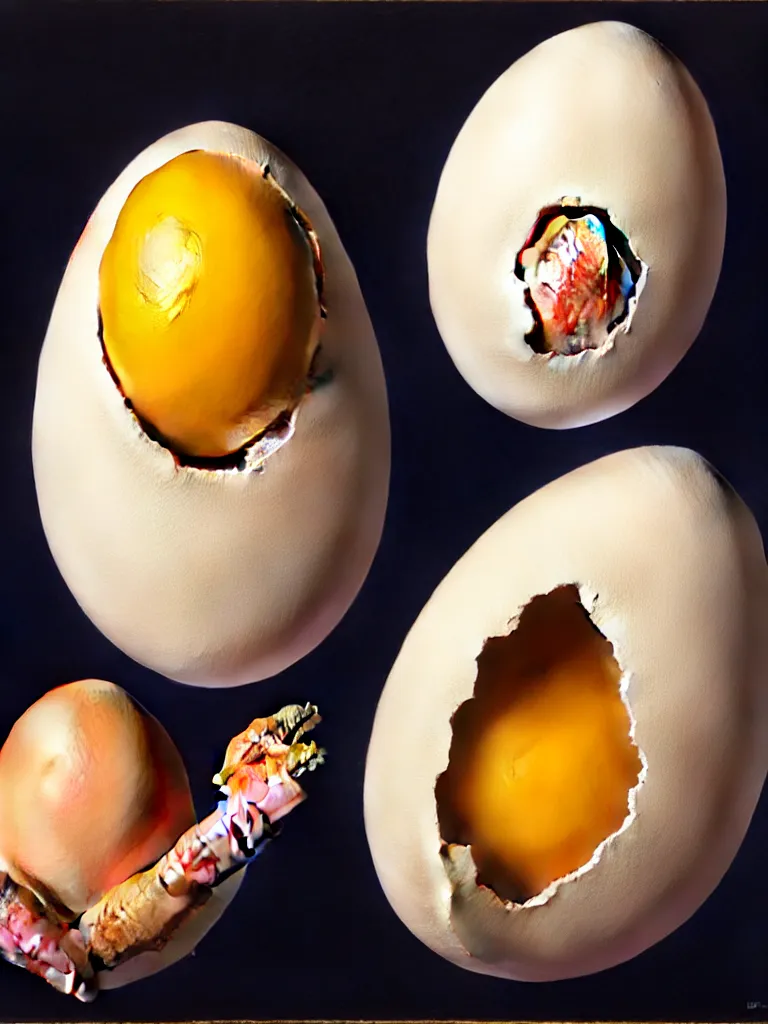 Prompt: a perfect hyperrealist painting of an egg, and a human hatching out. the human has eight arms and each finger is as long as the whole egg. broken eggshell shrapnel is causing some trauma.