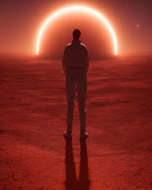 Image similar to a person standing in front of a glowy open door that's on a barren moon, poster art by mike winkelmann, trending on cg society, space art, sci - fi, ue 5, futuristic, volumetric lighting, light casting onto the ground, neat composition and camera angle