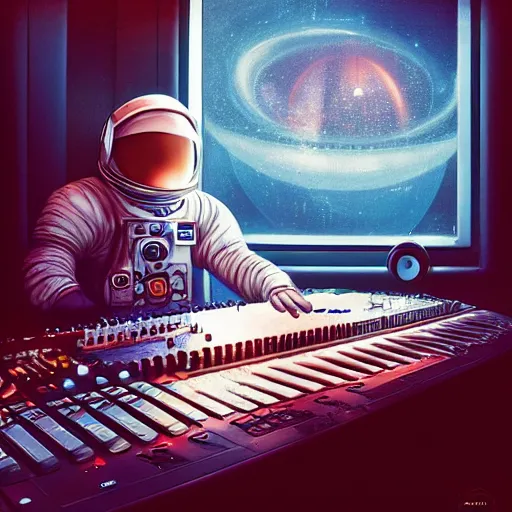 Prompt: an astronaut in a recording studio, looking at a glowing computer screen, using roland tr - 8 0 8 with his left hand and a roland tb - 3 0 3 with his right hand, there is not gravity in the recording studio and everything is floating, illustrated by greg rutkowski, [ digital art, synthwave art style ]!!