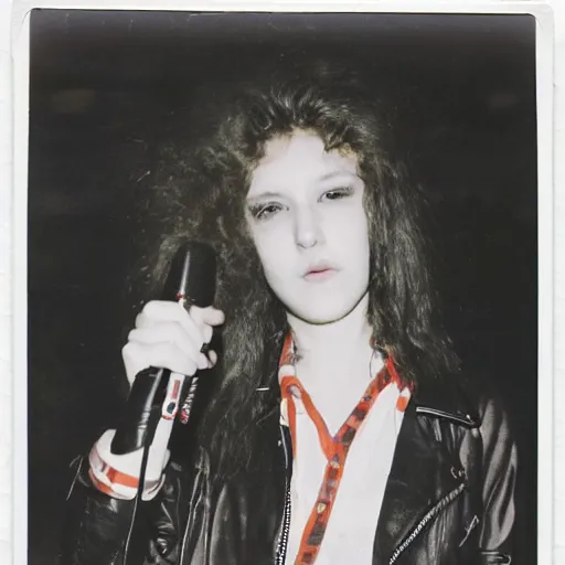 Prompt: 19-year-old girl wearing black leather jacket and denim jeans, New Wave of British Heavy Metal, 1981, Polaroid, crowd of longhairs, British flag, concert