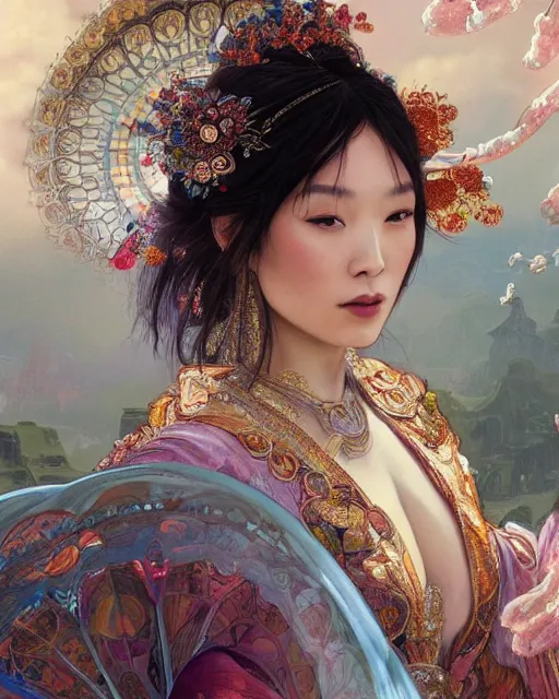 Prompt: a beautiful intricate exquisite imaginative exciting northern close up portrait of an asian sorceress sitting with elegant looks, flowing robe, ornate and flowing, intricate and soft by ruan jia, tom bagshaw, alphonse mucha, krenz cushart, beautiful chinese architectural ruins in the background, epic sky, vray render, artstation, deviantart, pinterest, 5 0 0 px models