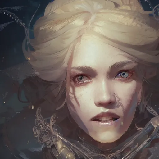 Image similar to highly detailed portrait of a pretty frostpunk necromancer lady with wavy blonde hair, by Dustin Nguyen, Akihiko Yoshida, Greg Tocchini, Greg Rutkowski, Cliff Chiang, 4k resolution