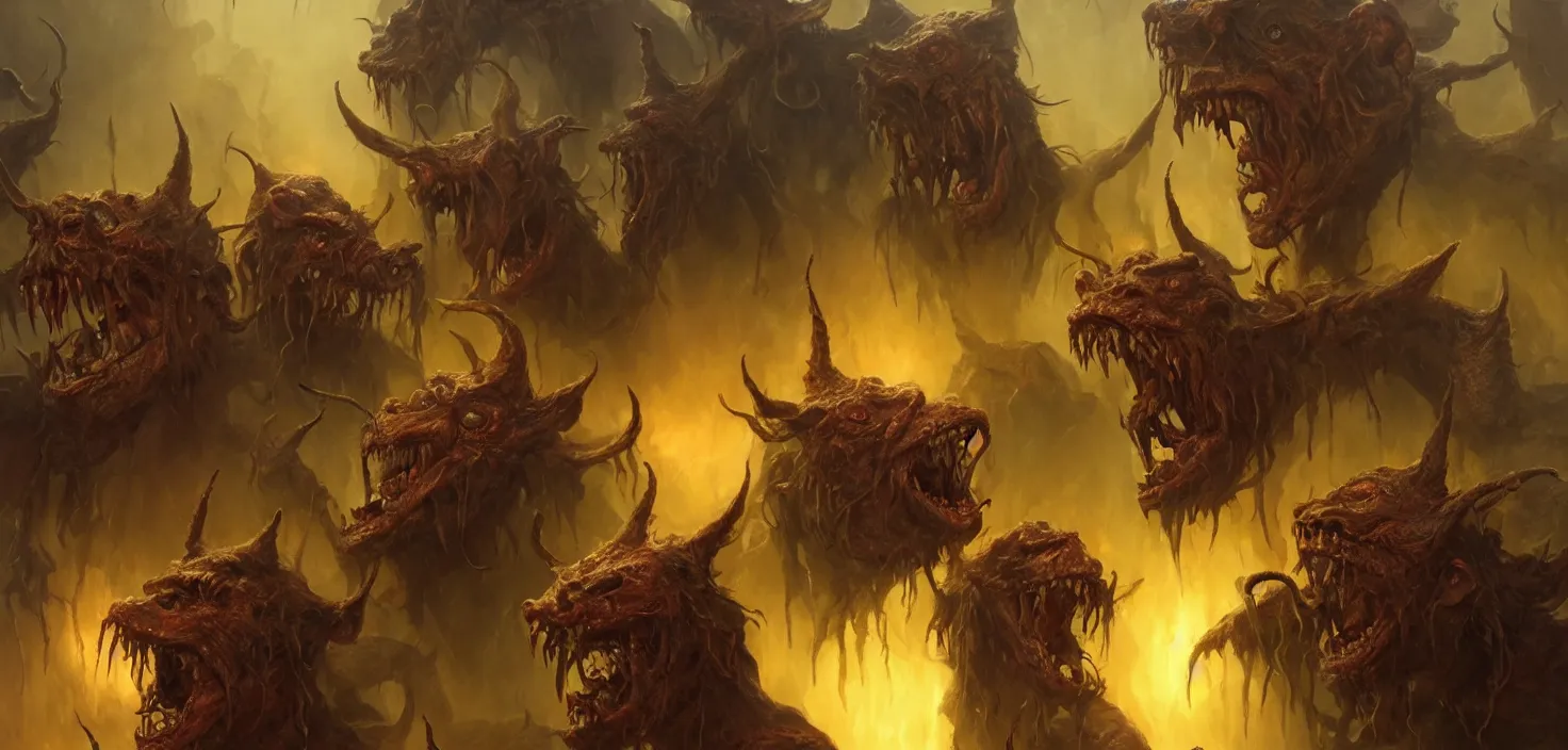 Prompt: oil matte painting, closeup portrait of ugly creepy goblins dancing in hell at ba rave cheering dancing beautiful cinematic light deep focus, elegant, digital painting, smooth, sharp focus, golden ratio, dramatic illumination, ultra realistic, 8 k, art by greg rutkowski wlop rossdraws