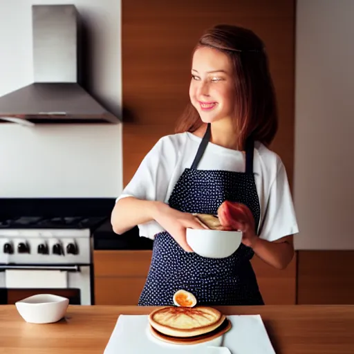 Prompt: photorealistic image of a beautiful girl cooks delicious pancakes in a minimalist kitchen with white walls, a red oak table.