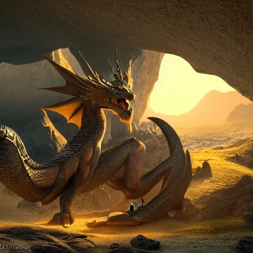 Image similar to dragon sitting by a cavern, sunrise, ultra photorealistic, 8k, cinematic, dramatic