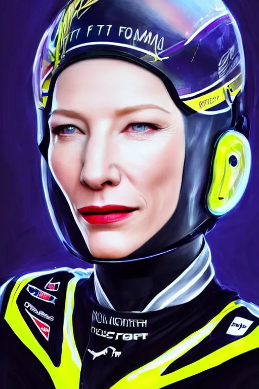 Image similar to portrait of cate blanchett dressed as a formula one racer, wearing formula one racer uniform, at formula one racing car repair room, ssci-fi, fantasy, intricate, very very beautiful, elegant, human anatomy, neon light, highly detailed, digital painting, artstation, concept art, soft light, smooth, sharp focus, illustration, art by tian zi and WLOP and alphonse mucha