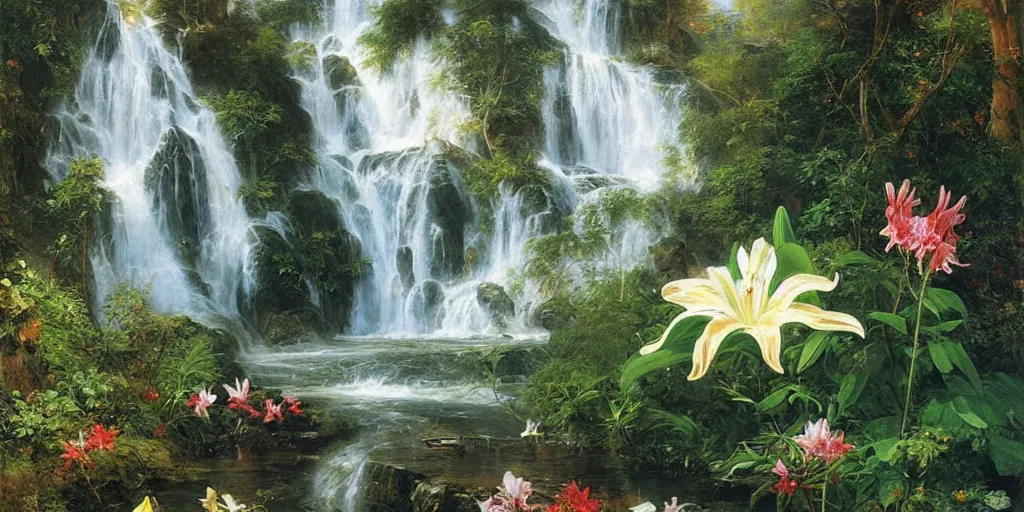 Image similar to scene of dreamlike cascading waterfalls, lilies, naturalistic art, by frederic edwin church,