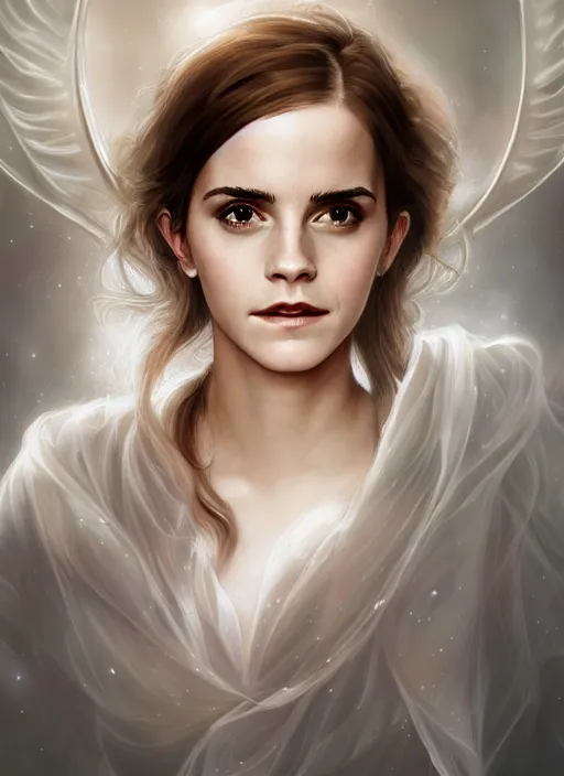 Image similar to emma watson as magic healer celestial, long hair, white and transparent cloth, D&D, shiny background, intricate, elegant, highly detailed, digital painting, artstation, concept art, smooth, sharp focus, illustration, artgerm, bouguereau