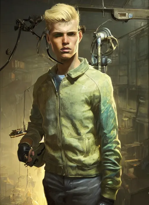 Image similar to portrait of a young man with blond hair with green house equipment from fallout 4, art by ryo shiotani and greg rutkowski, intricate, beautiful, cinematic lighting