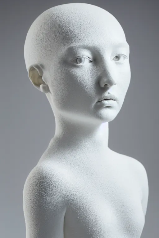 Prompt: full head and shoulders, beautiful female porcelain sculpture by daniel arsham and raoul marks, smooth, all white features on a white background, delicate facial features, white eyes, white lashes, detailed white, the head is split open like an egg, gold paint flows out
