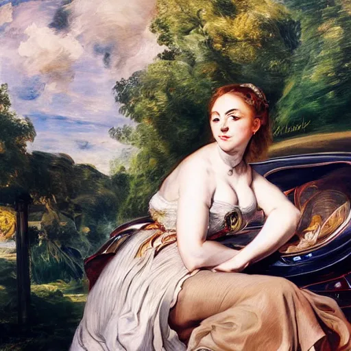 Image similar to heavenly summer sharp land sphere scallop well dressed lady waiting in front of a car, auslese, by peter paul rubens and eugene delacroix and karol bak, hyperrealism, digital illustration, fauvist, waiting in front of a car