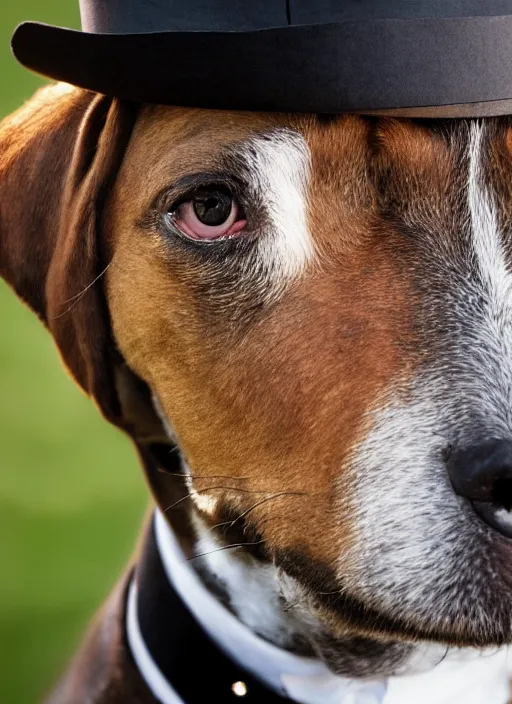 Prompt: closeup portrait of a hunting terrier wearing a suit and a monocle and a top hat, depth of field, zeiss lens, detailed, centered, by Annie Leibovitz and Steve McCurry, David Lazar, Jimmy Nelsson, Breathtaking, 8k resolution, extremely detailed, beautiful, establishing shot, artistic, hyperrealistic, beautiful face, octane render