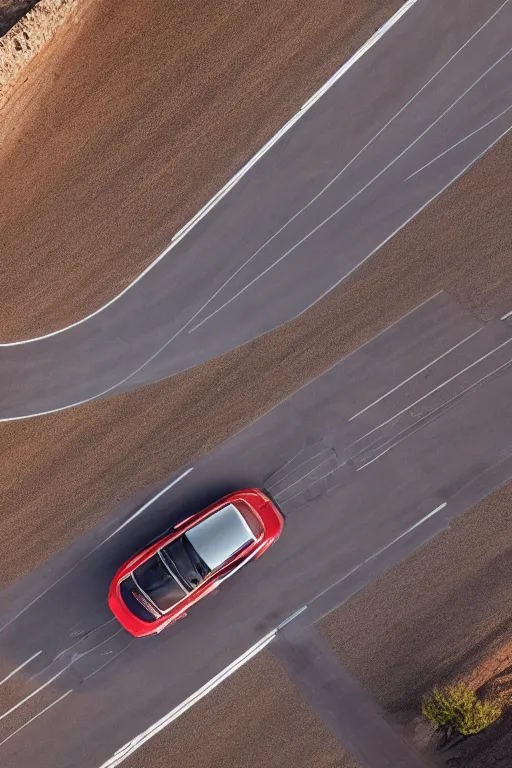 Image similar to Drone Photo of a Porsche 911 Carrera 3.2 on a wide winding road, volumetric lighting, Desert, summer, Cinematic, award winning.