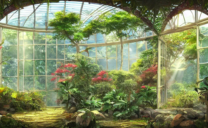 Image similar to gymasium, japanese garden, jungle, greenhouse, sunrays, bay window, indoor, highly detailed, digital painting, artstation, art nouveau, concept art, sharp focus, illustration