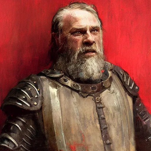 Image similar to Solomon Joseph Solomon and Richard Schmid and Jeremy Lipking victorian genre painting portrait painting of a old rugged movie actor medieval knight character in fantasy costume, red background