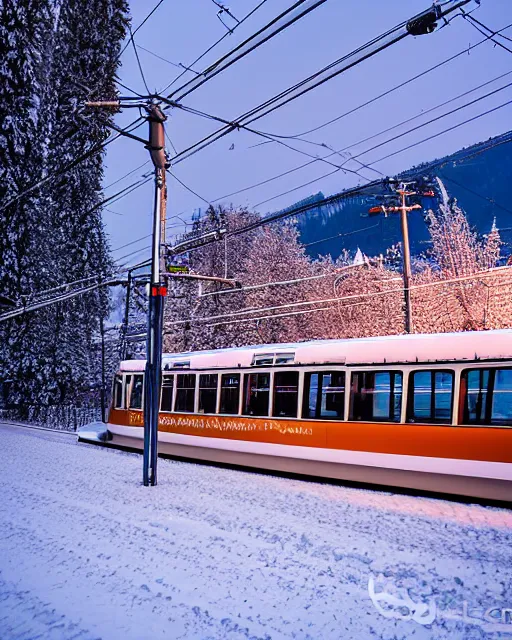 Prompt: tatra t 3 tram czech republic, side view, ice patterns on windows, winter, frost, around the city, evening, snow