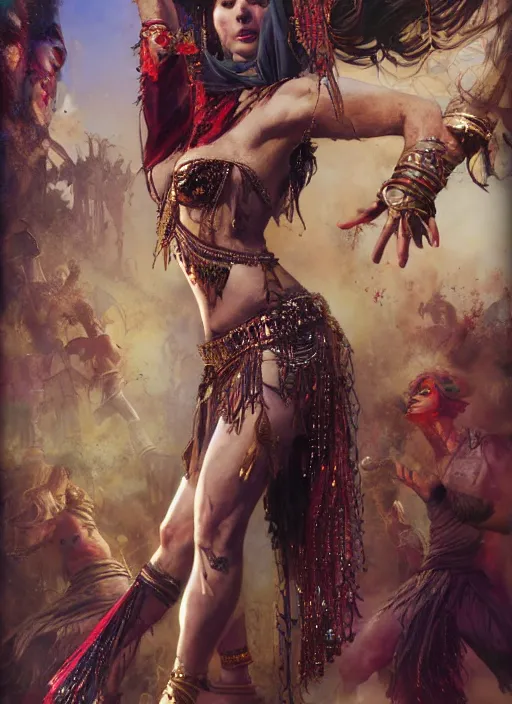 Image similar to hyper realistic photography of bellydancer festival warrior curvy partygirl cinematic, vallejo, julie bell, craig mullins greg rutkowski, rowena morrill, juan gimenez