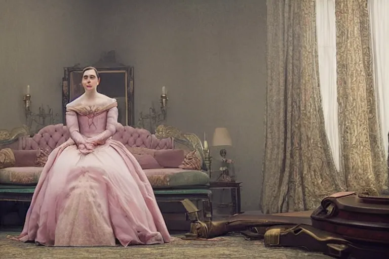 Image similar to mid-shot of Katie McGrath as the heiress in the new movie directed by Wes Anderson, symmetrical shot, idiosyncratic, relentlessly detailed, pastel colour palette, detailed face, movie still frame, concept art, promotional image, imax 70 mm