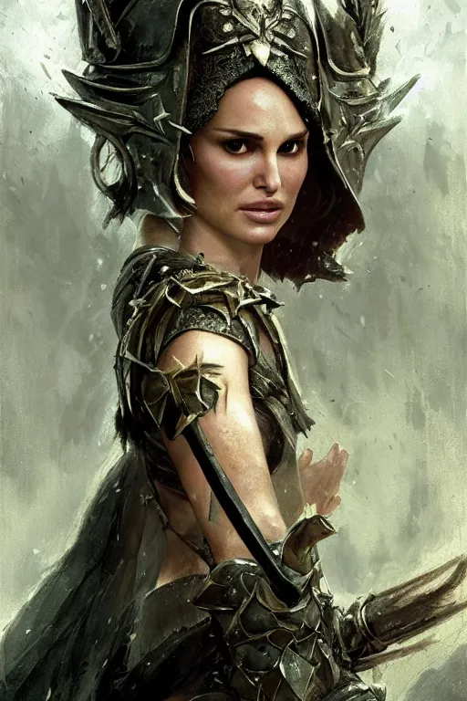 Image similar to natalie portman, legendary warrior, heroic, lord of the rings, tattoos, decorative ornaments, battle armor, by carl spitzweg, ismail inceoglu, vdragan bibin, hans thoma, greg rutkowski, alexandros pyromallis, perfect face, fine details, realistic shading photorealism