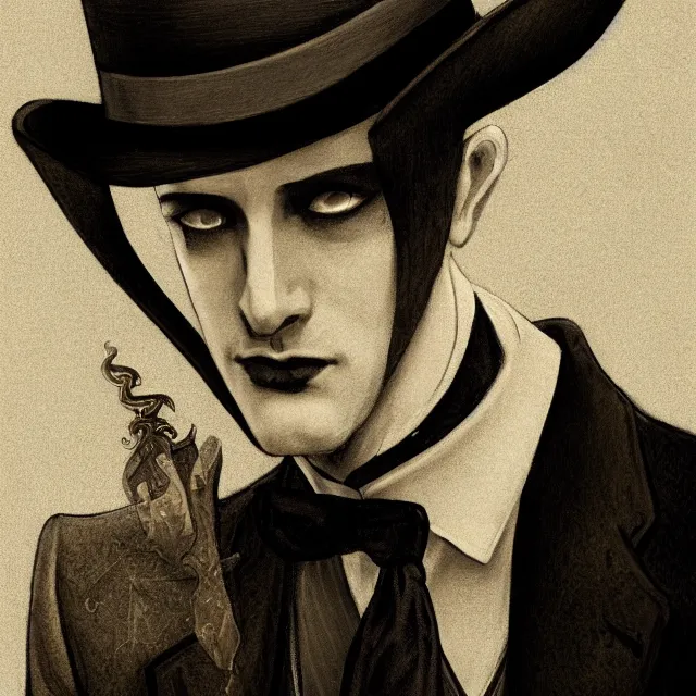 Image similar to photorealistic sepia full - head portrait of a 1 9 2 0 s era smirking male occultist, well dressed, long - tailed tuxedo coat, atmospheric lighting, dark, brooding, gothic, horror, painted, intricate, ultra detailed, well composed, best on artstation, cgsociety, epic, stunning, gorgeous, intricate detail, much wow, masterpiece