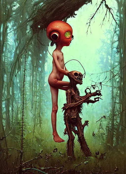 Image similar to cute alien in the woods by a river gorgeous lighting, lush forest foliage blue sky a hyper realistic painting by chiara bautista and beksinski and norman rockwell and greg rutkowski, tom bagshaw weta studio, and lucasfilm