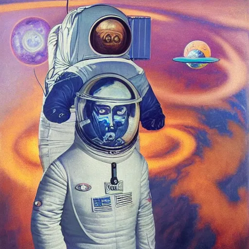 Image similar to surreal portrait of joe biden as psychedelic 1 9 2 0 s astronaut, by j. c. leyendecker, bosch, alex grey, jon mcnaughton, and beksinski