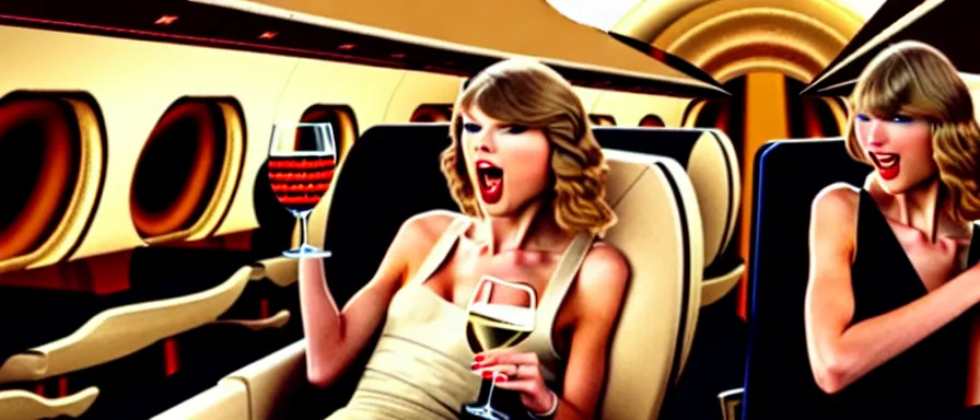 Image similar to Cinematography Taylor Swift Lauging and drinking champagne in her private jet by Emmanuel Lubezky