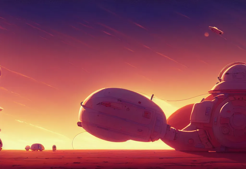 Image similar to a small and chubby spaceship in a desert at dawn with electric cables on the ground, intricate oil painting, high detail illustration, sharp high detail, manga and anime 1 9 9 9, official fanart behance hd artstation by jesper ejsing and makoto shinkai, 4 k,