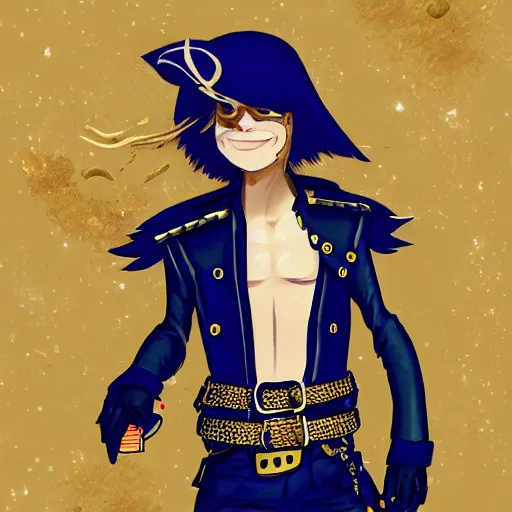 Prompt: https://static.wikia.nocookie.net/sandman/images/2/2f/Desire1.jpg/revision/latest?cb=20220725144255 Portrait of a fashionable androgynous pirate space captain, dark hair, golden eyes, teasing smile,