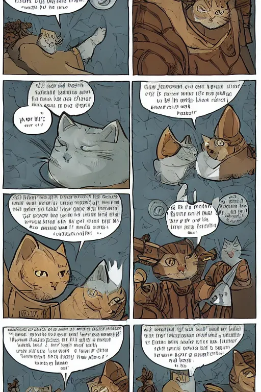 Image similar to a graphic novel comic about cats in a fantasy world, by mike holmes, webcomic, cartoon