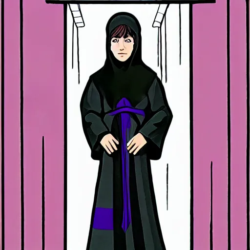 Image similar to little boy wearing nun outfit, purple and black color palate, artwork in western comic art style, inspired in hirohiko araki