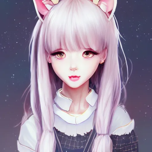 Image similar to realistic beautiful gorgeous natural cute Blackpink Lisa Manoban white hair cute white cat ears in maid dress outfit golden eyes artwork drawn full HD 4K highest quality in artstyle by professional artists WLOP, Taejune Kim, Guweiz, ArtGerm on Artstation Pixiv