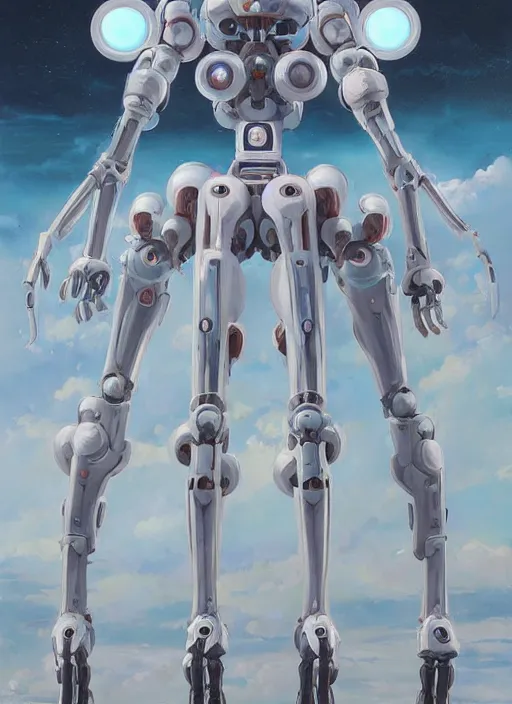 Image similar to an intricate oil painting of a giant pristine white anime humanoid feminine mecha with rounded components by simon stalenhag, inspired by nier : automata, clean white lab background