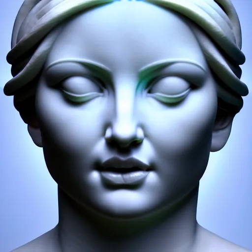 Image similar to sci - fi cgartist wide shot anaglyph ambient occlusion rendering of a hyper realistic marble greek statuary beautiful goddess head product photo bright white backdrop high key colored lighting, trending on artstation