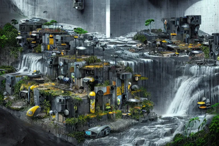 Prompt: favela bunker spaceship colony hive, brutalist waterfall environment, industrial factory, whimsical, award winning art, epic dreamlike fantasy landscape, ultra realistic,