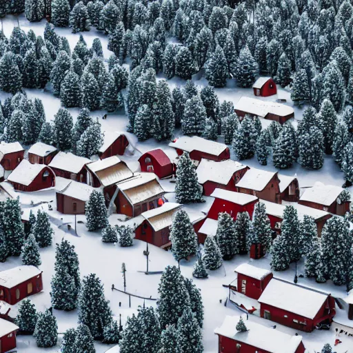 Image similar to orthographic aerial view of a christmas themed town, snow, pine trees, happy, cute, high detail, 8 k,
