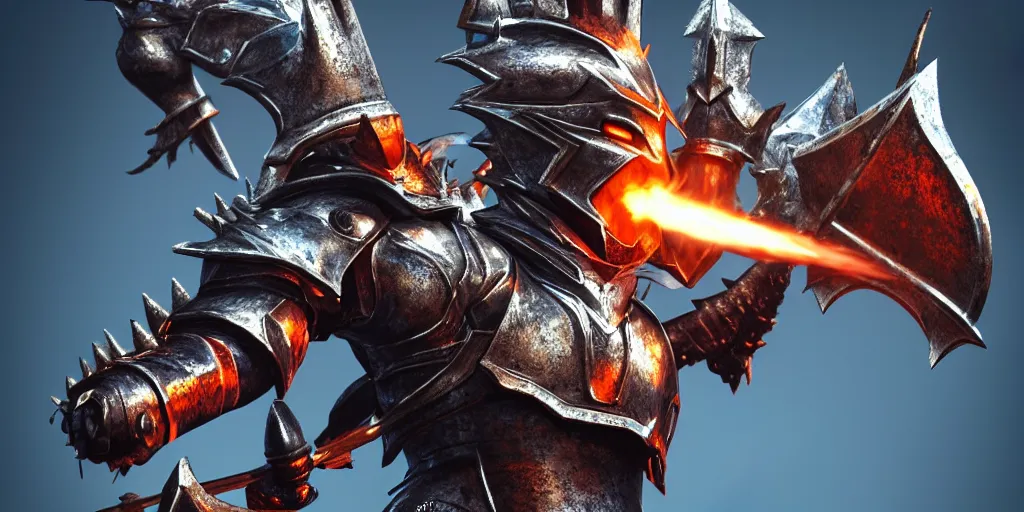 Prompt: closeup of a 3 d model of knight with a lance and shield in the style of final fantasy and a 3 d model dragon in the style of monster hunter breathing fire on him, realistic, fisheye lense, blue and orange lighting, rim lighting, cinematic feel, in a forest, art by unreal engine 4, game art, trending on art station