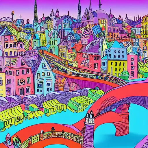 Prompt: fanciful city filled with curvy buildings, by dr seuss, oh the places you'll go, arches, platforms, towers, bridges, stairs, colorful illustration, flat colors