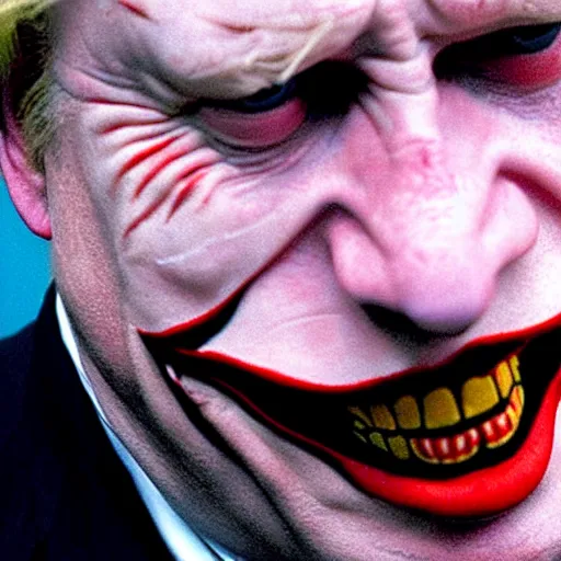 Image similar to uhd photorealisitc candid photo of boris johnson as the joker. correct makeup. correct face, accurate face. photo by annie leibowitz and steve mccurry